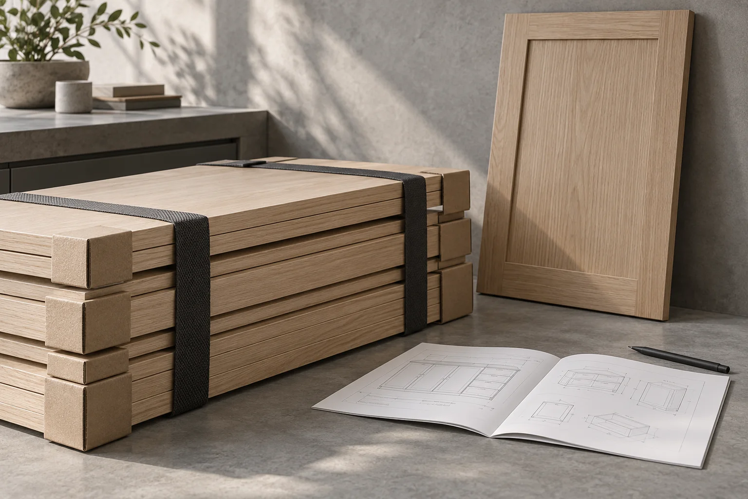 Protected oak cabinet panels and a component drawing; illustrative procurement preparation