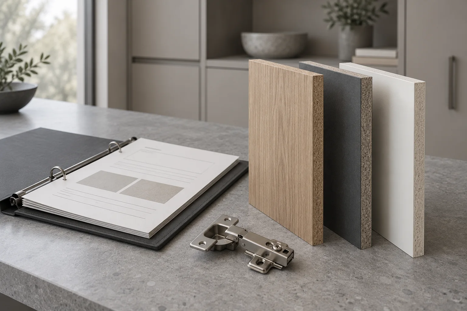 Cabinet board samples, a document binder and a hinge; illustrative material record review
