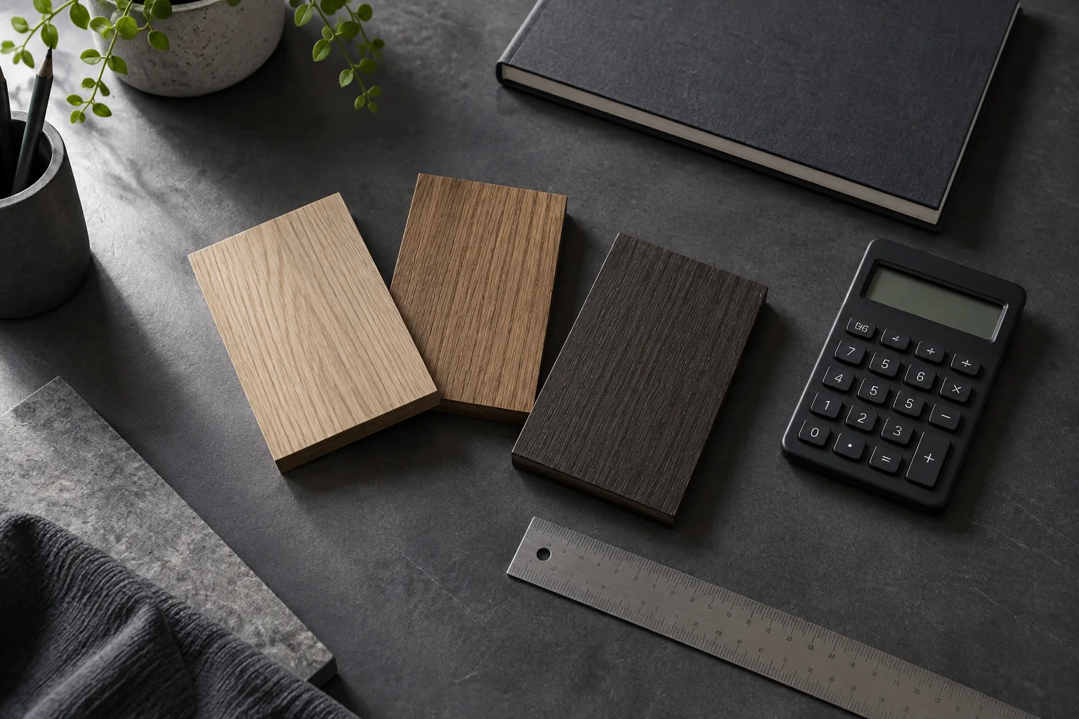 Timber samples, a notebook and a calculator on a grey desk — illustrative budget review