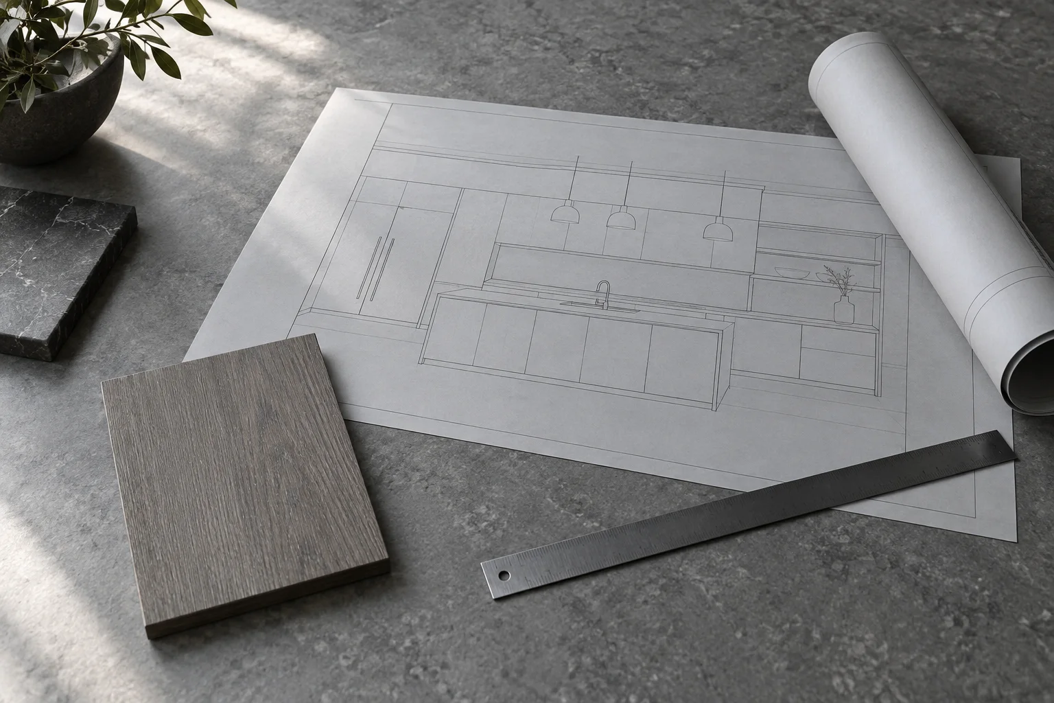 Unlabelled kitchen drawing and a timber sample — quotation preparation illustration
