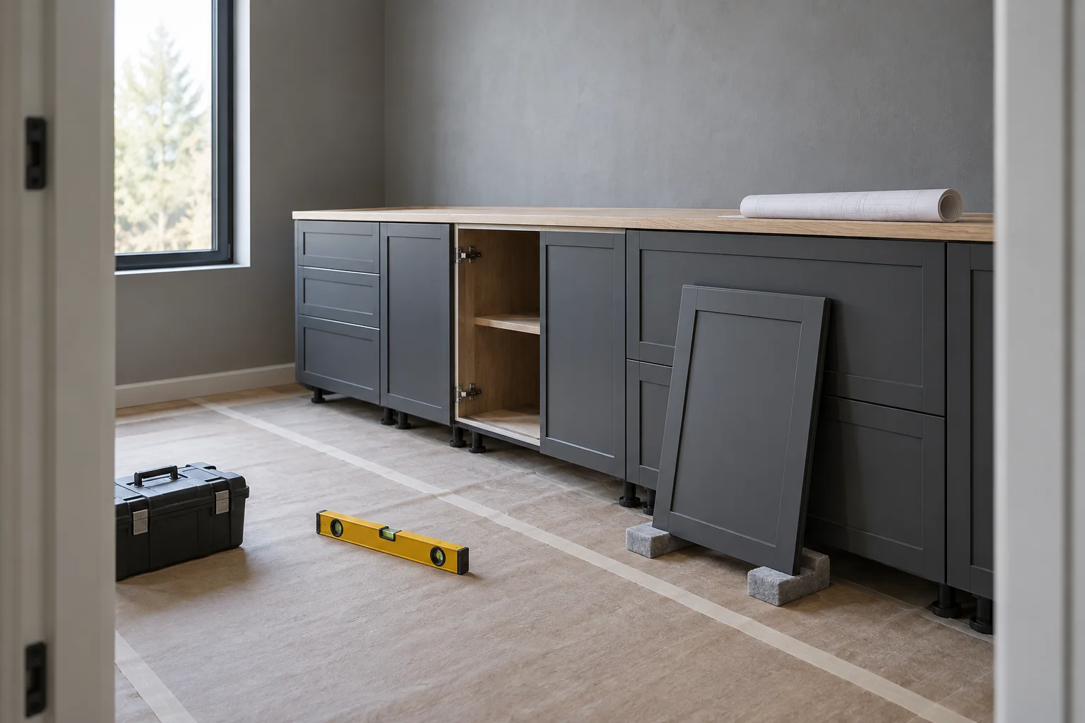 Cabinets, protected floor and installation tools — illustrative installation scene