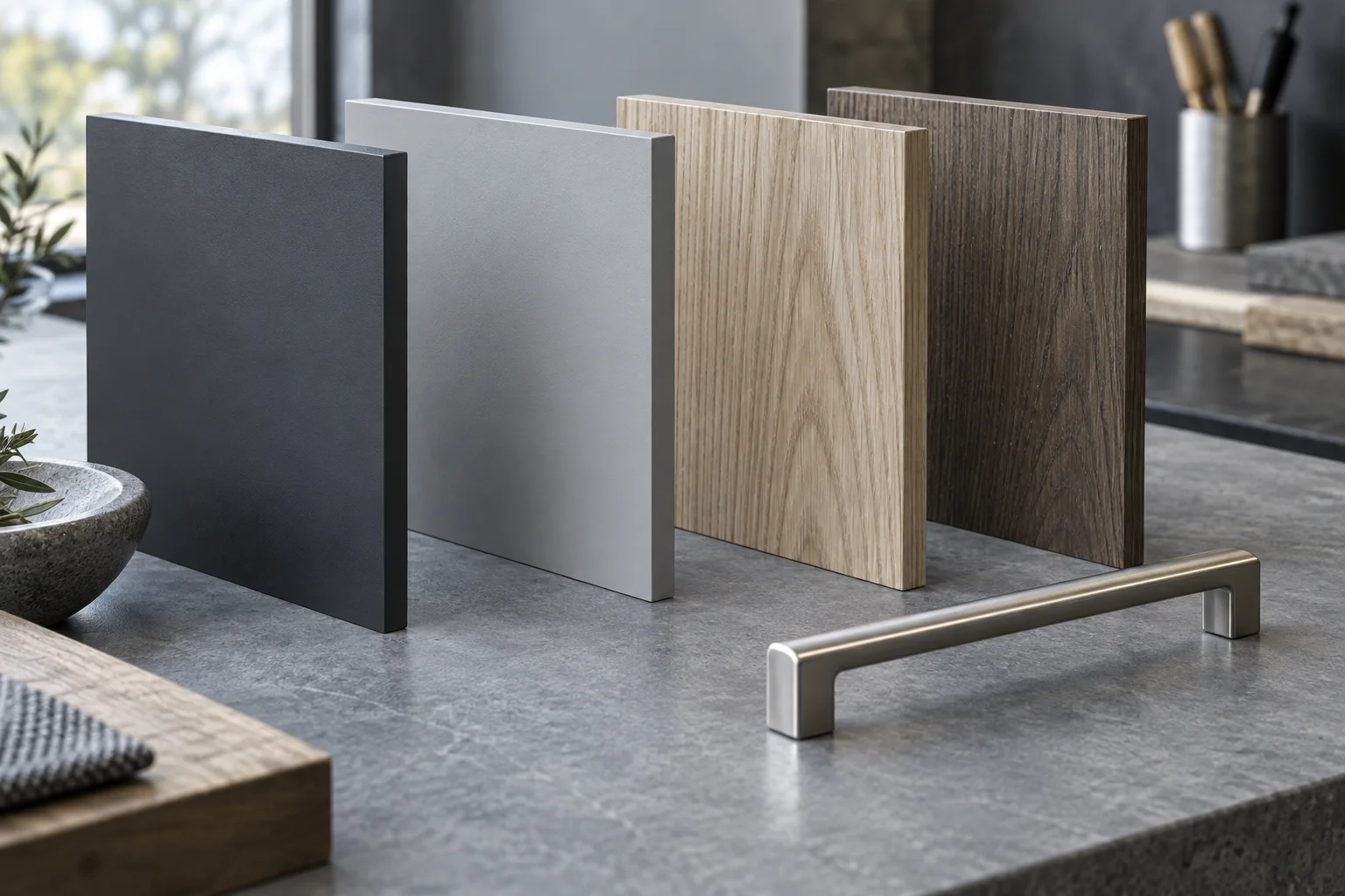 Neutral cabinet finish samples and a metal pull — conceptual finish comparison