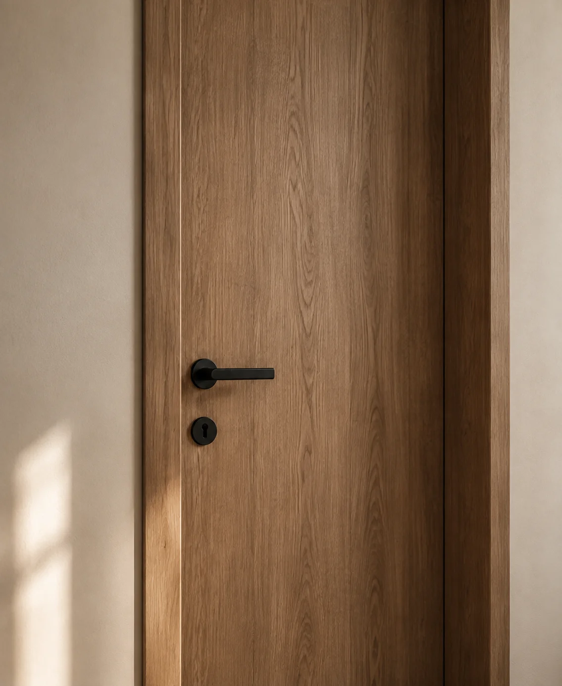 Oak interior door design study with a dark handle