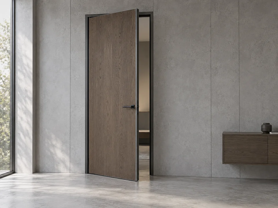 Partly open oak-faced interior door with slim dark metal edging — design visualization