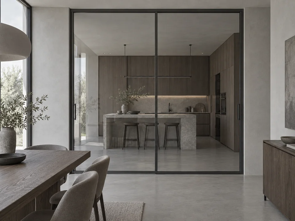 Slim graphite aluminum-framed glass sliding doors separating dining and kitchen areas — design visualization