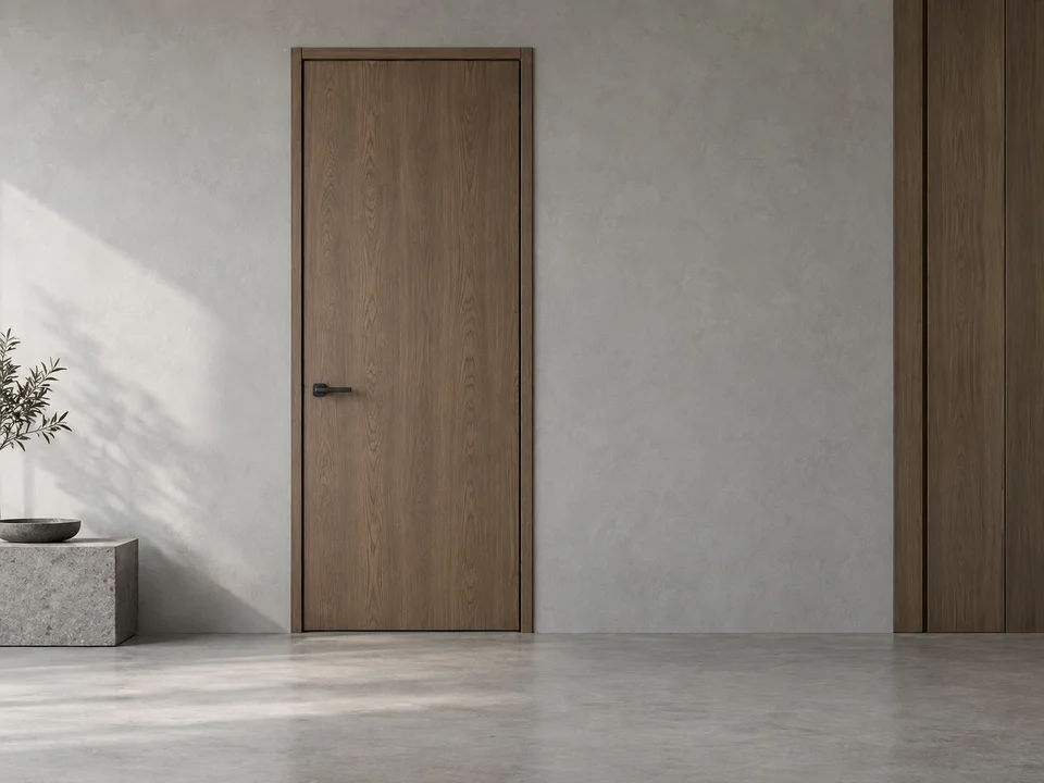 Oak composite wood interior door with a matching timber frame in a cool grey interior — design visualization