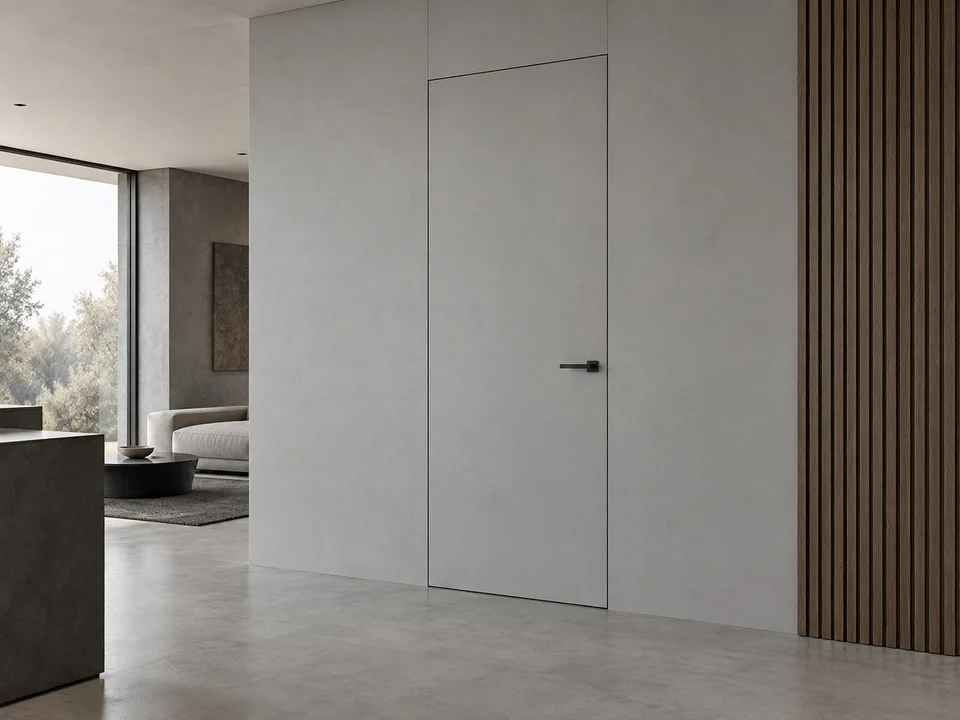 Flush grey invisible door integrated into wall panels beside oak slats — design visualization