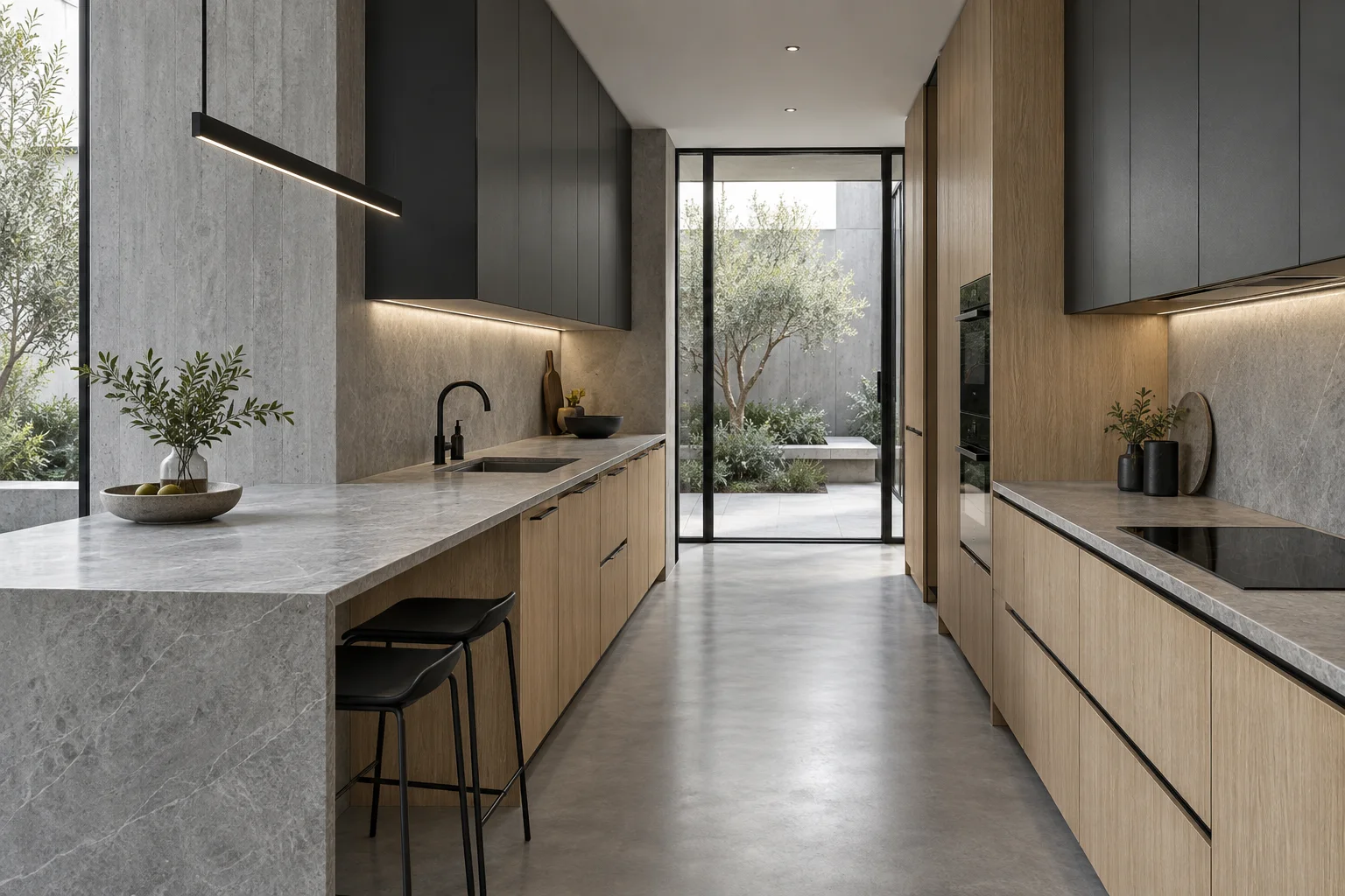 Galley kitchen with oak lower cabinets and charcoal upper fronts — design concept