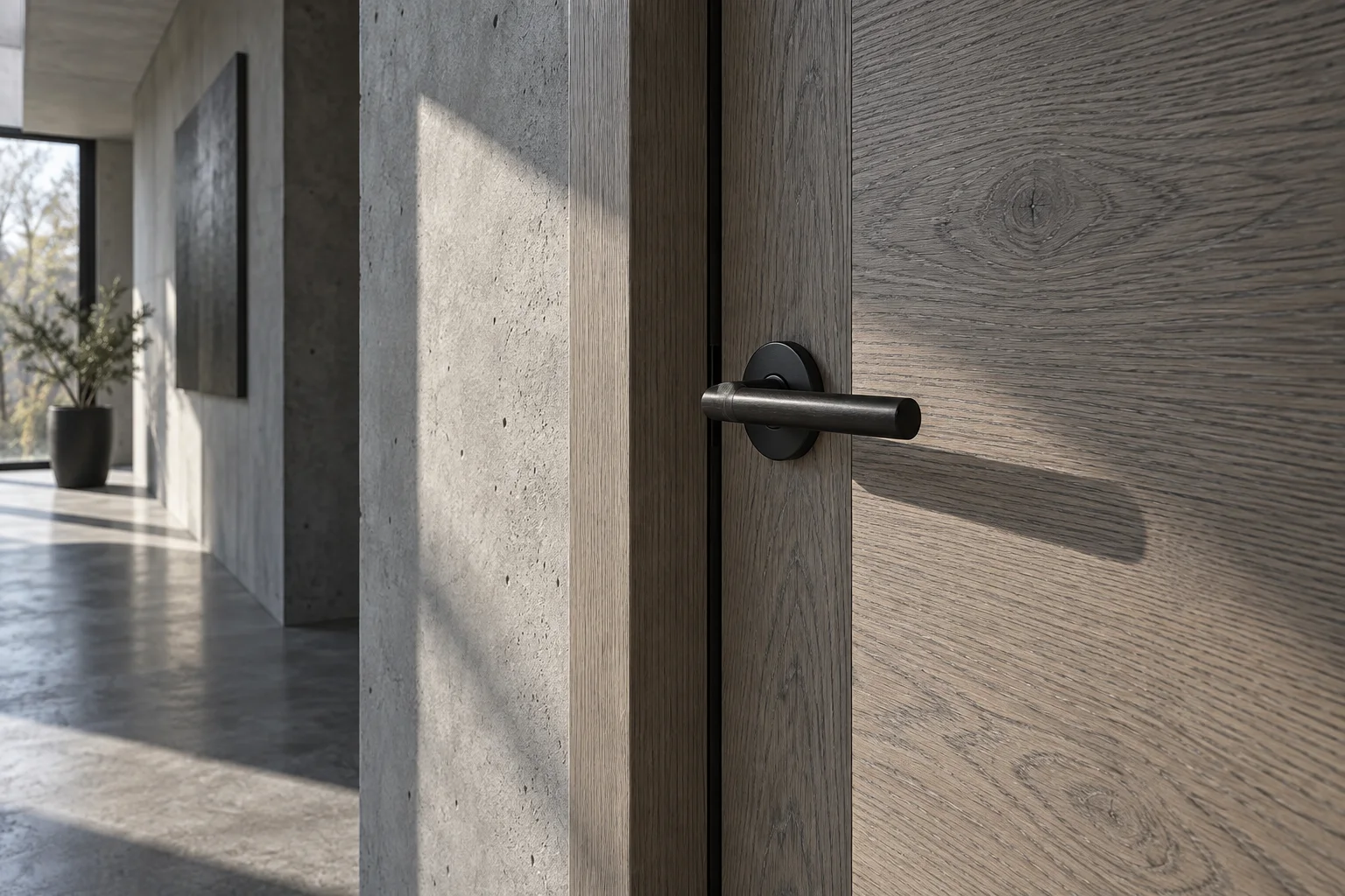 Timber door and dark lever beside a concrete hallway — design concept