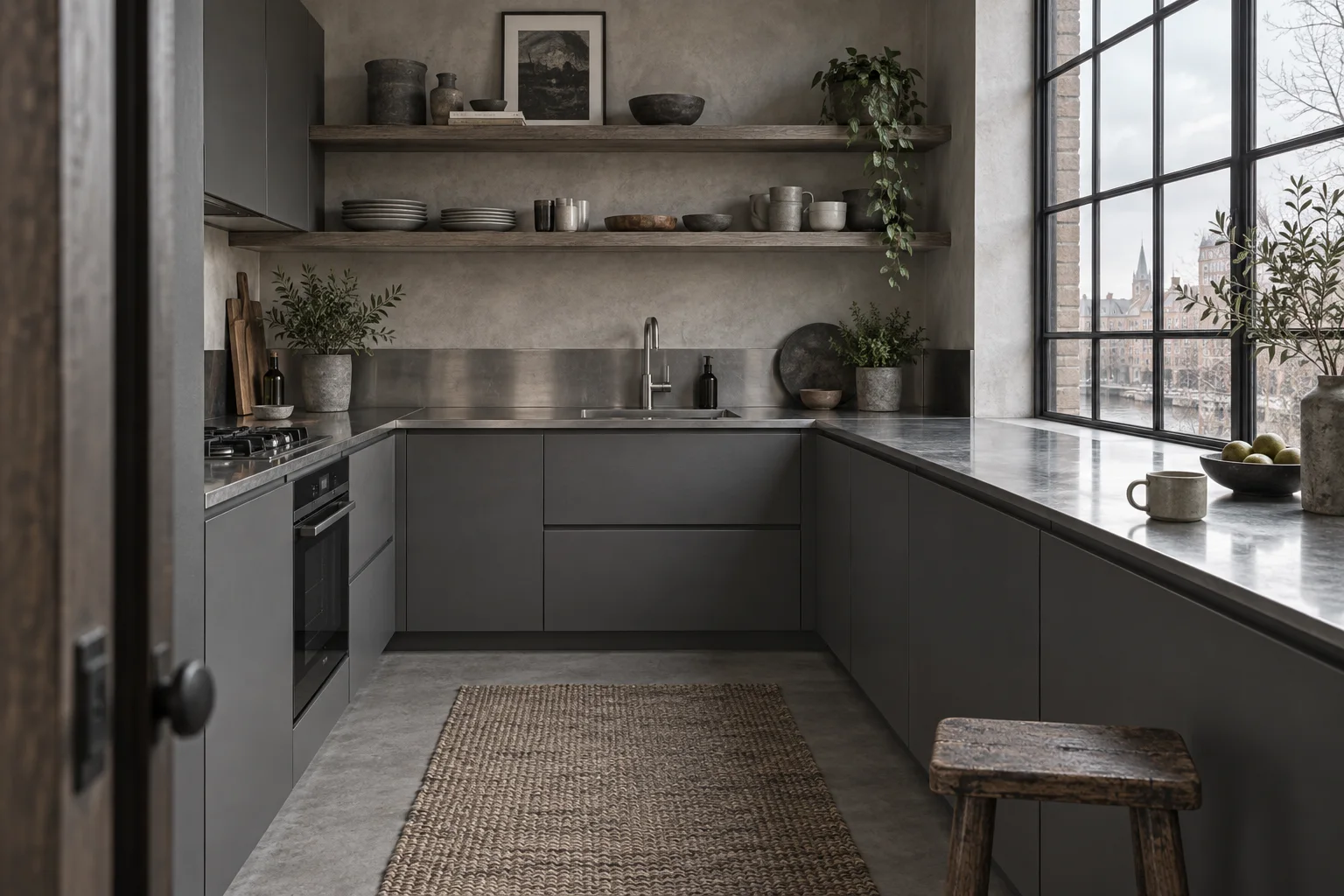 Graphite kitchen cabinets with open shelves and a steel worktop — design concept