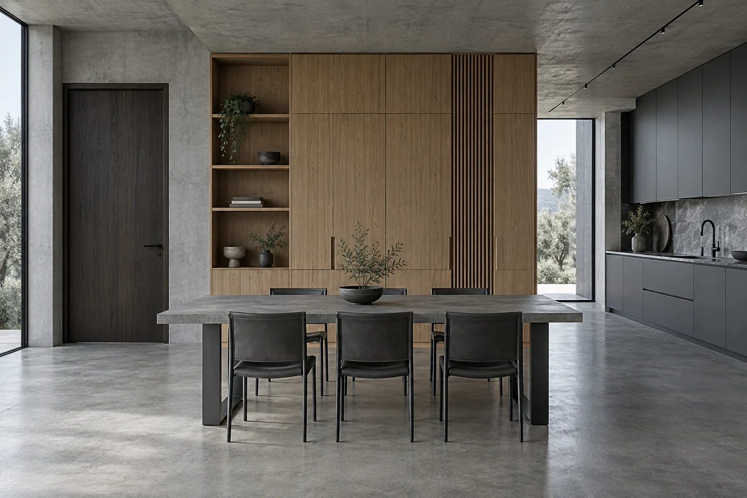 Design concept connecting a timber door, fitted storage and graphite kitchen around a dining space