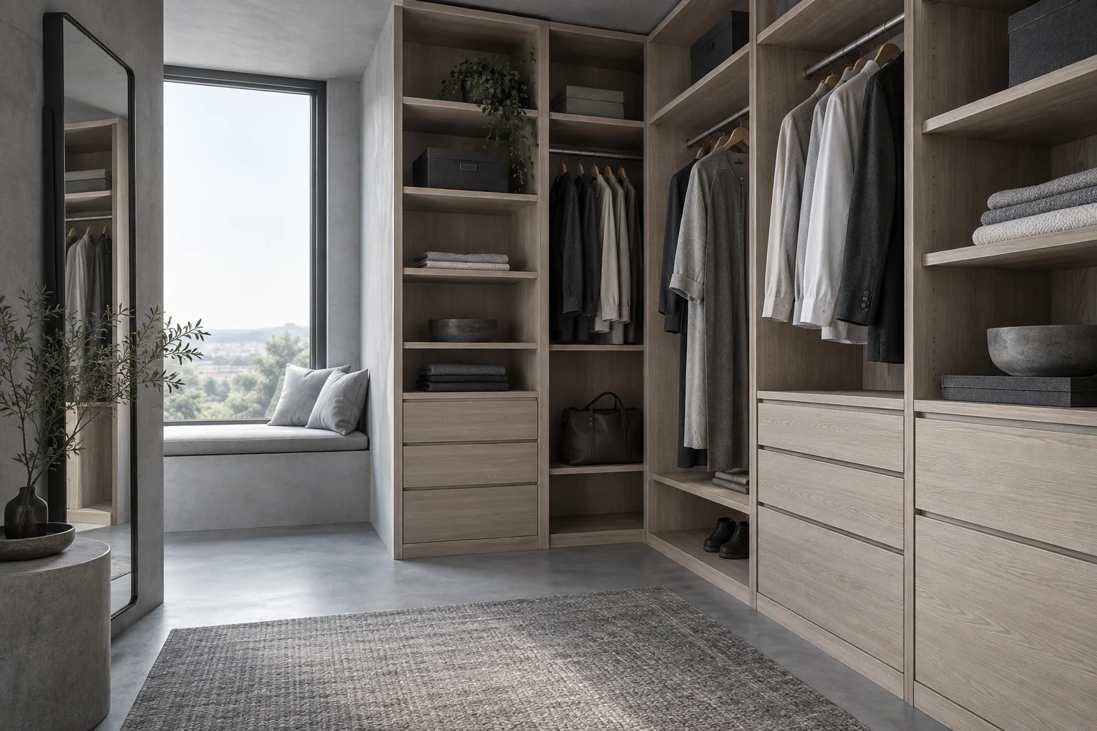 Light ash fitted storage alcove with drawers and hanging space — design concept