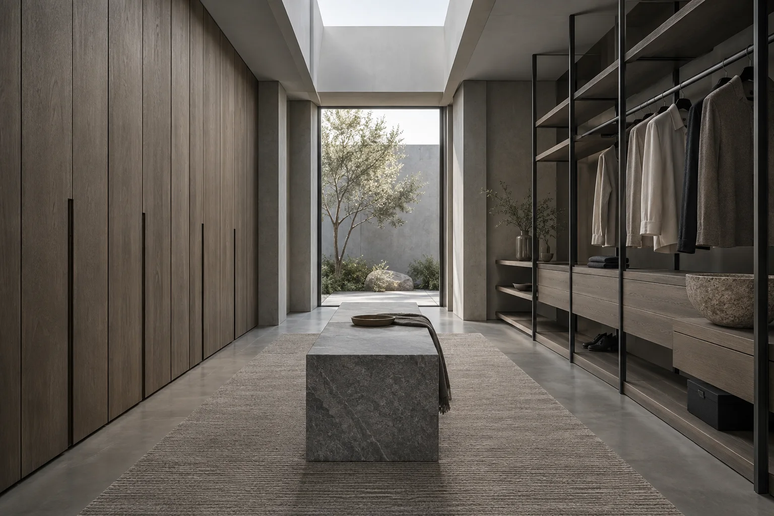 Grey oak dressing room with closed fronts and open hanging storage — design concept