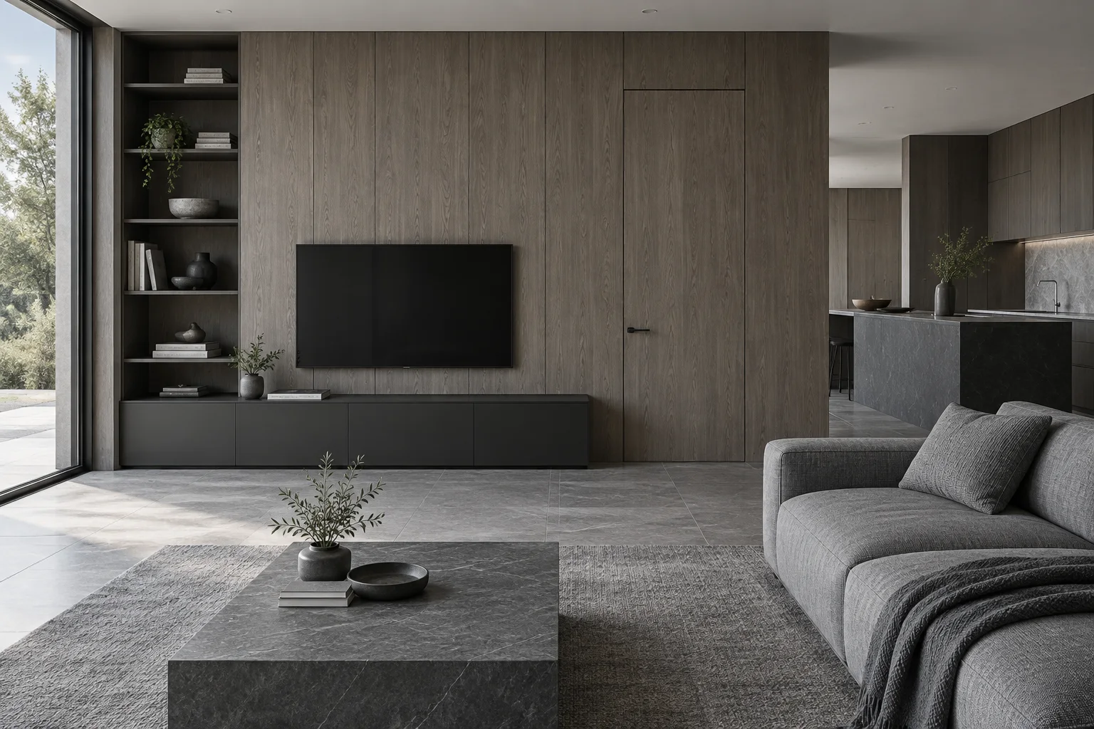 Design concept of grey oak wall panels, a flush door, media storage and an adjoining kitchen