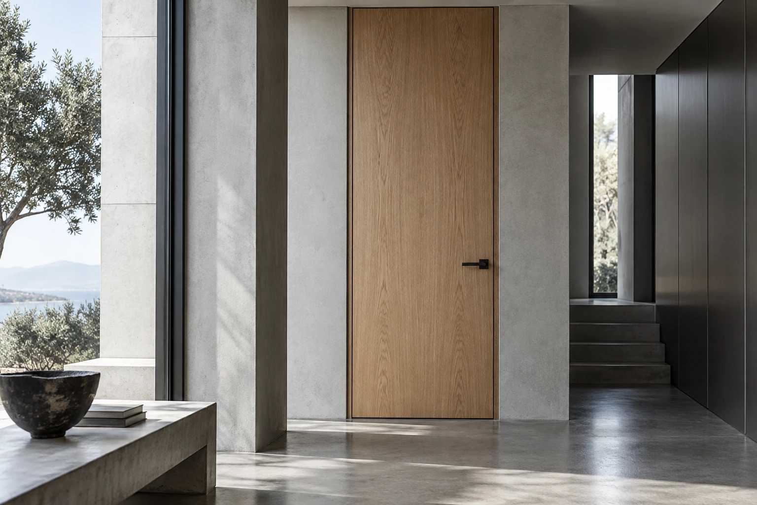 Oak interior door with a black lever handle and concrete walls — design visualization