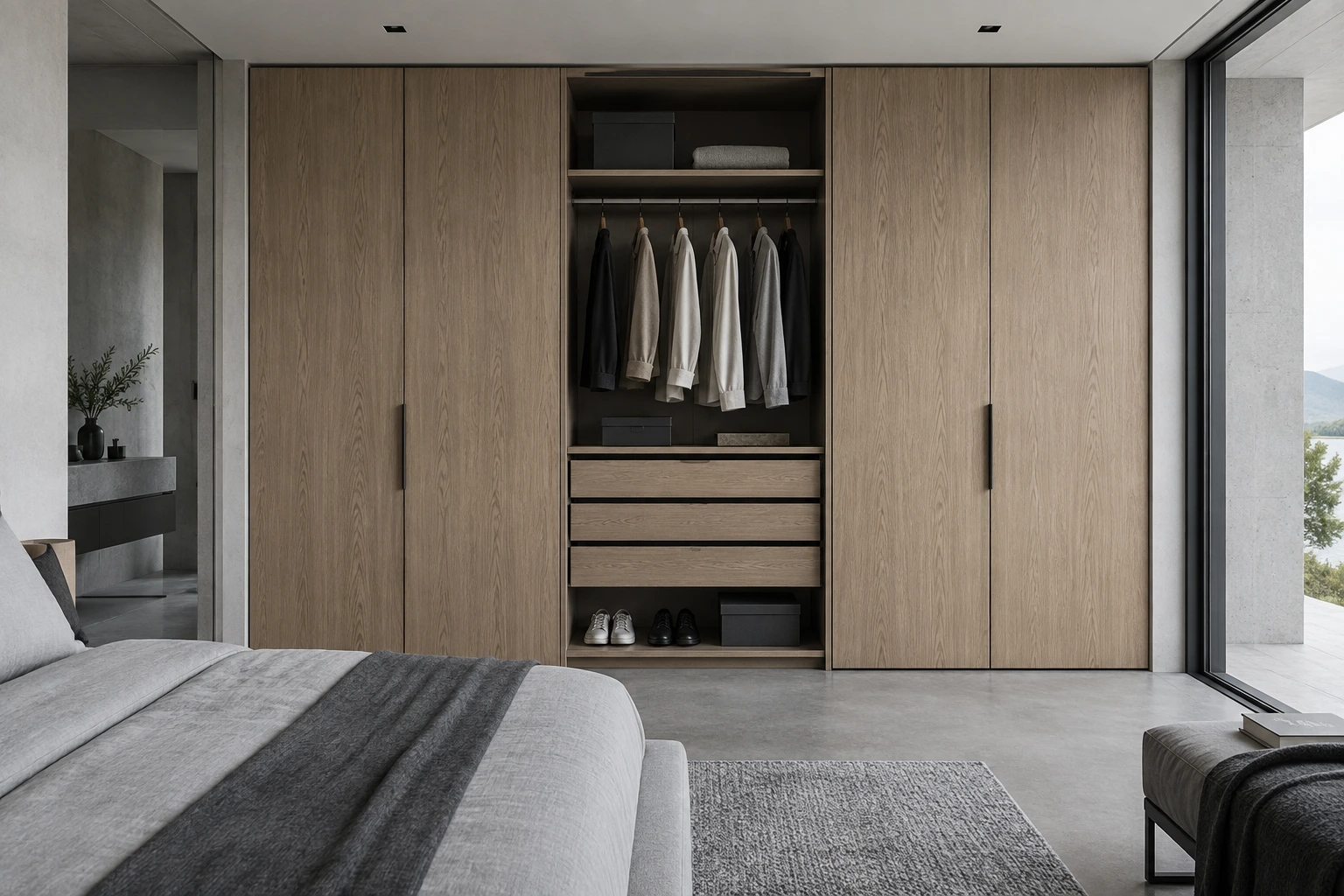 Fitted oak wardrobes with hanging rails, drawers and closed storage — design visualization