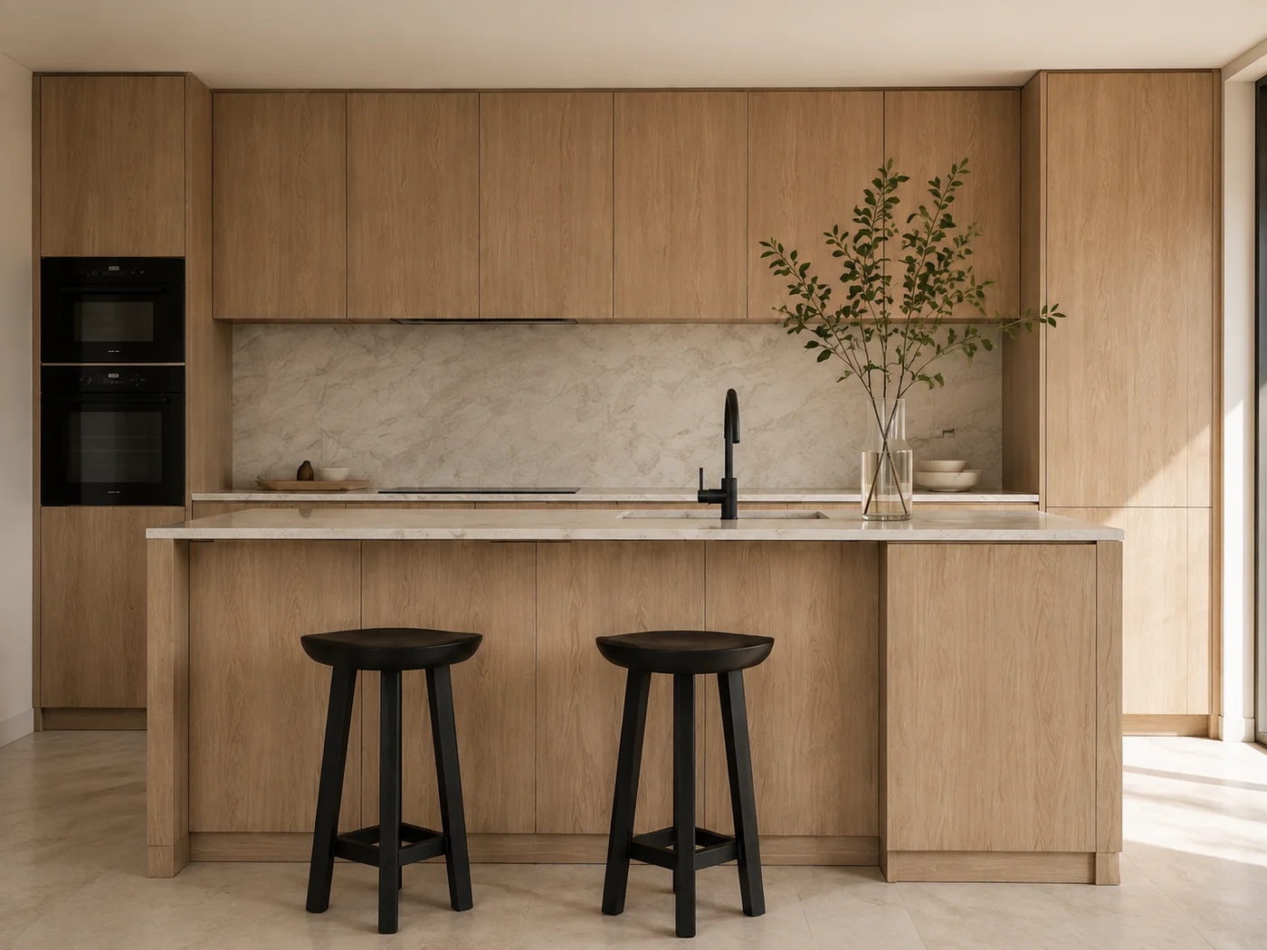 Oak kitchen design study with fitted cabinets and a stone island