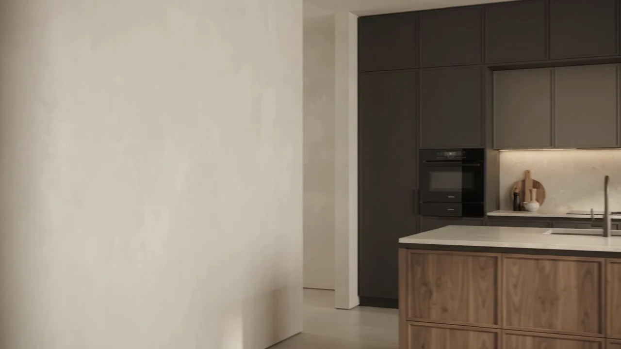 Kitchen design visualization with an island, coordinated panel cabinets and decorative woodgrain finishes
