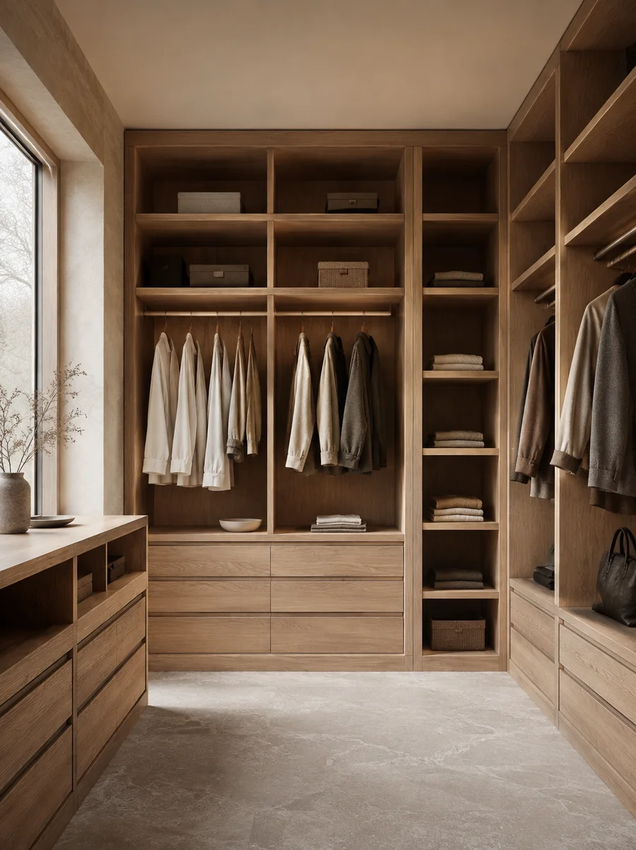 Walk-in wardrobe design study showing hanging rails, oak shelves and drawers
