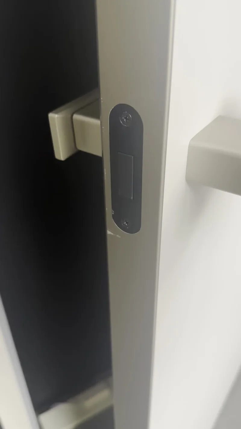Actual showroom door sample showing a lever handle, latch and dark door edge