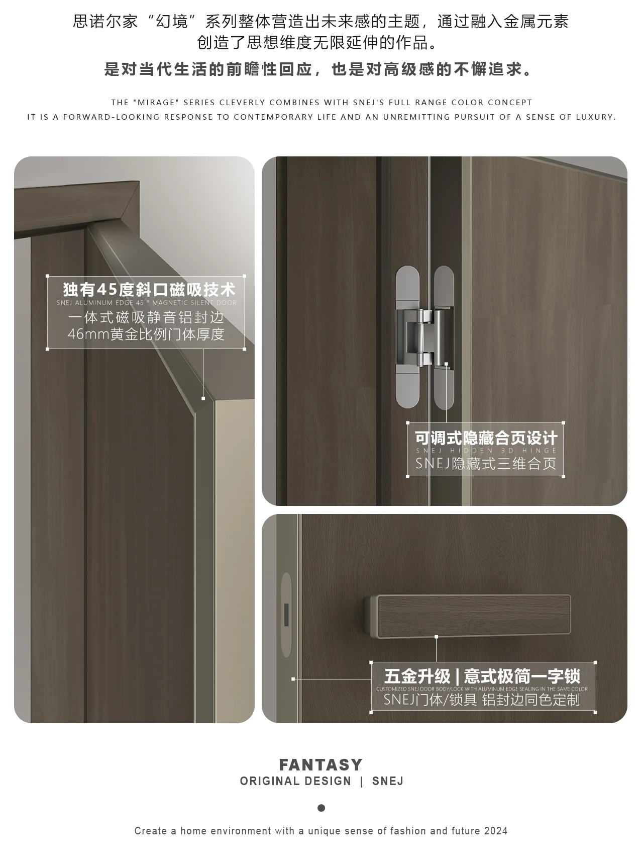 Close-up diagrams of an angled aluminium door edge, concealed hinge and matching handle.