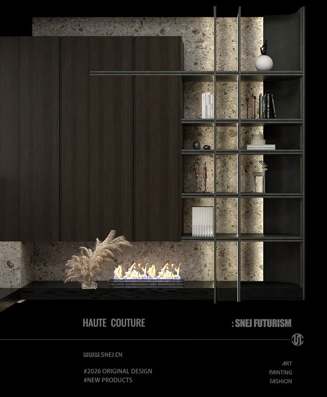 SNEJ dark wood and stone design with an open display unit