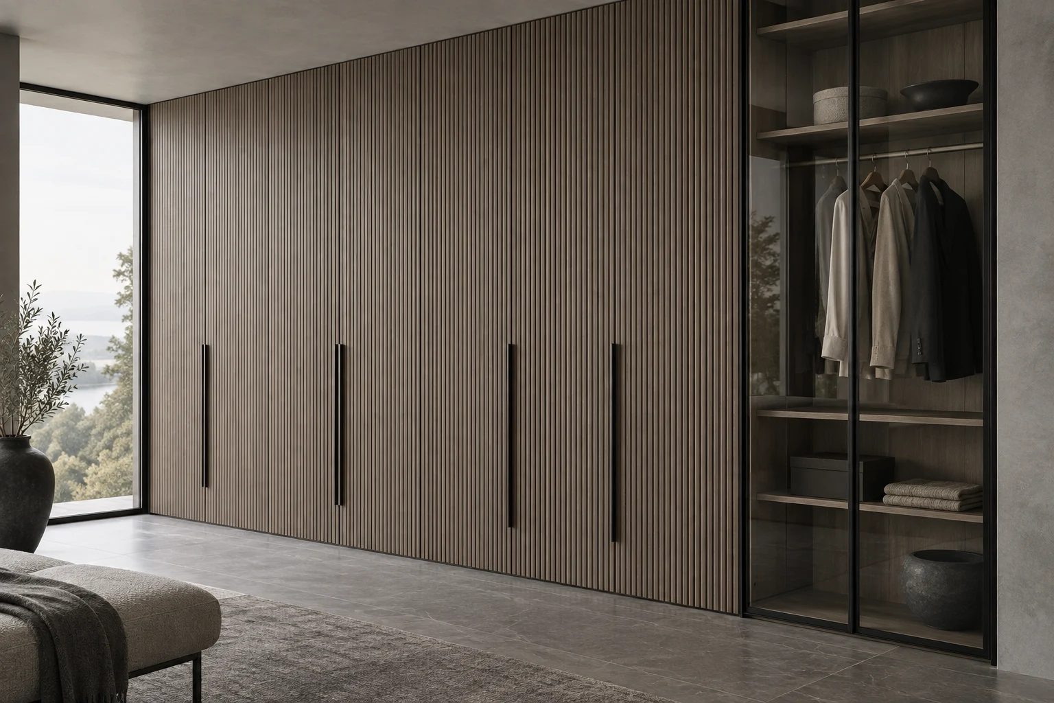 Design concept combining grey oak vertical-fluted cabinet fronts and black-framed glazed storage