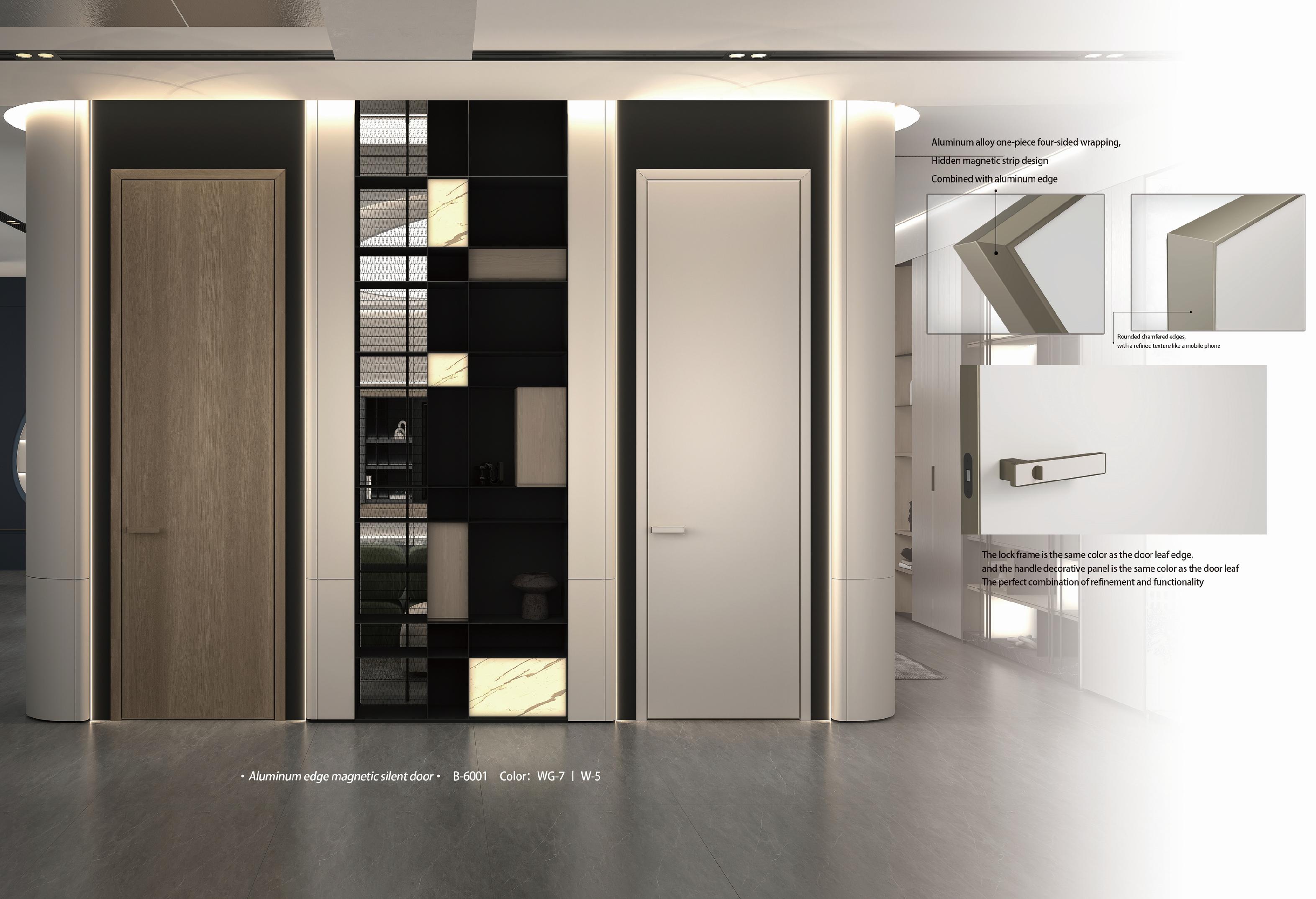 SNEJ B-6001 aluminum-edge door shown in WG-7 and W-5 finishes with edge and handle details