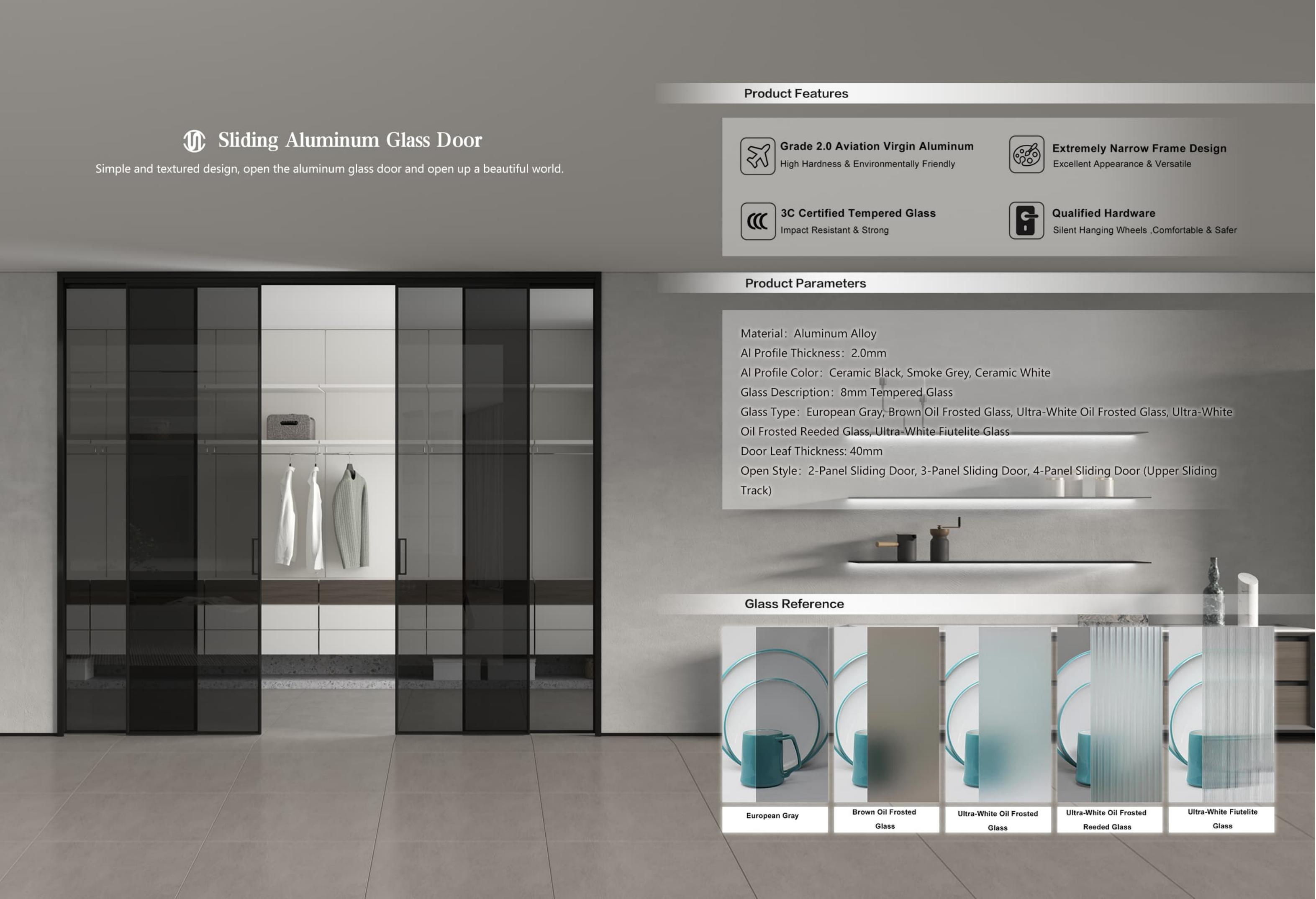SNEJ Sliding configuration: aluminum-framed glass door with glass and frame options