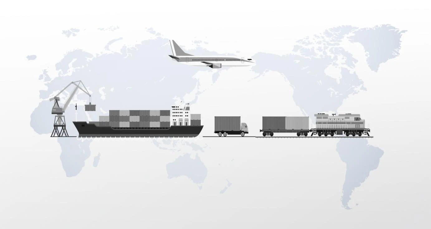 Illustration of sea, road, rail and air transport