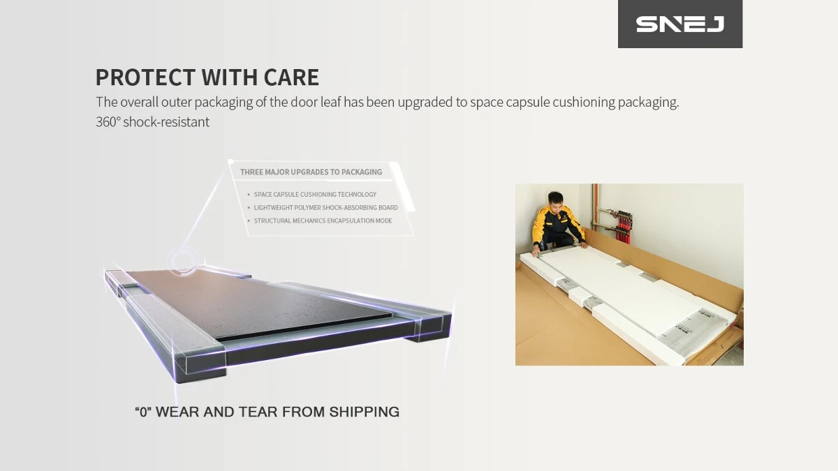 Cushioned door-leaf packaging diagram and a worker packing a door