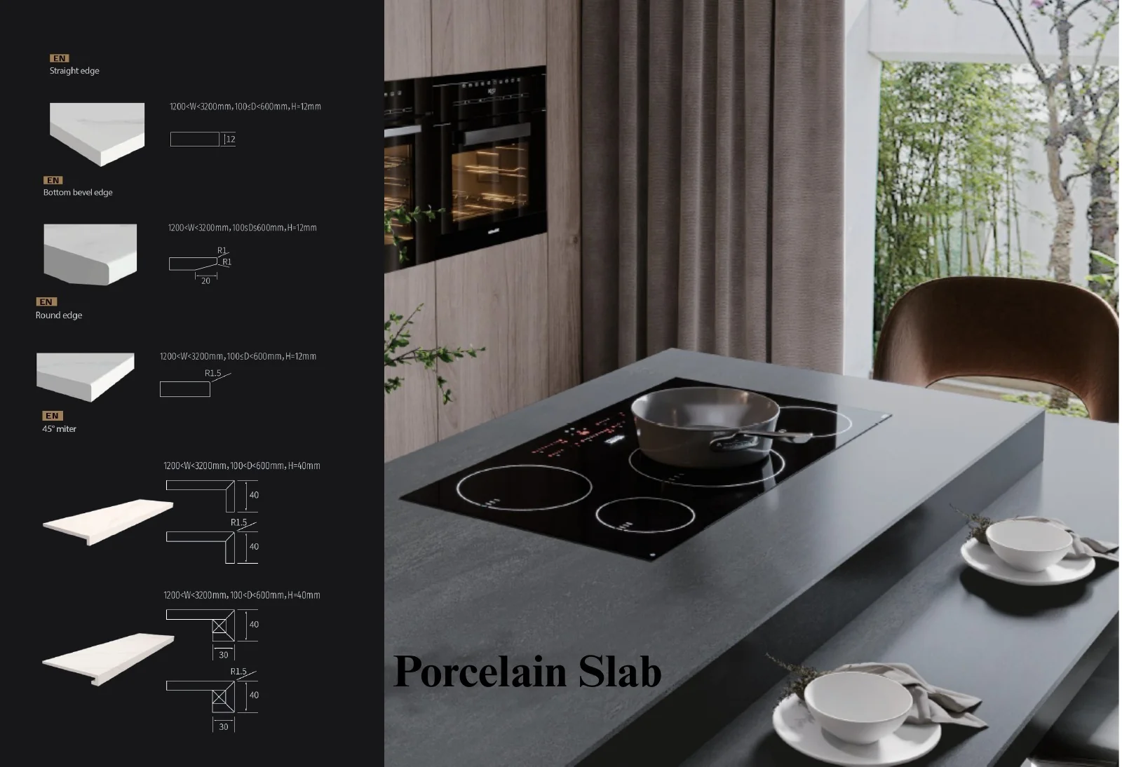 Porcelain slab countertop colours and patterns shown on catalogue page 31