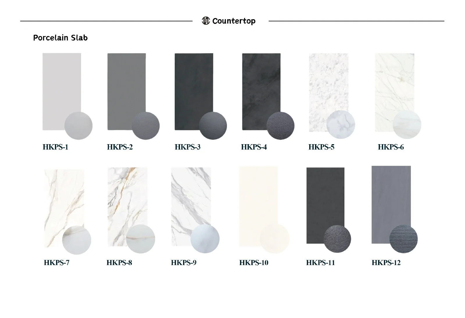 Porcelain slab countertop colours and patterns shown on catalogue page 32