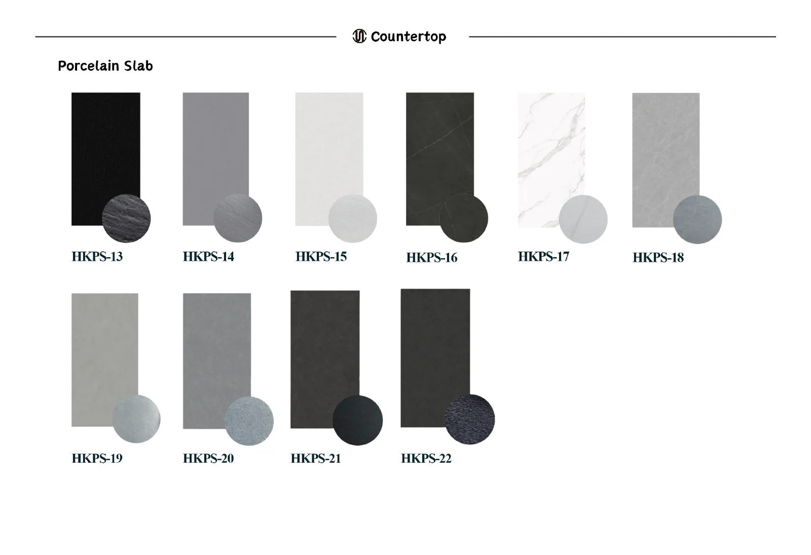 Porcelain slab countertop colours and patterns shown on catalogue page 33