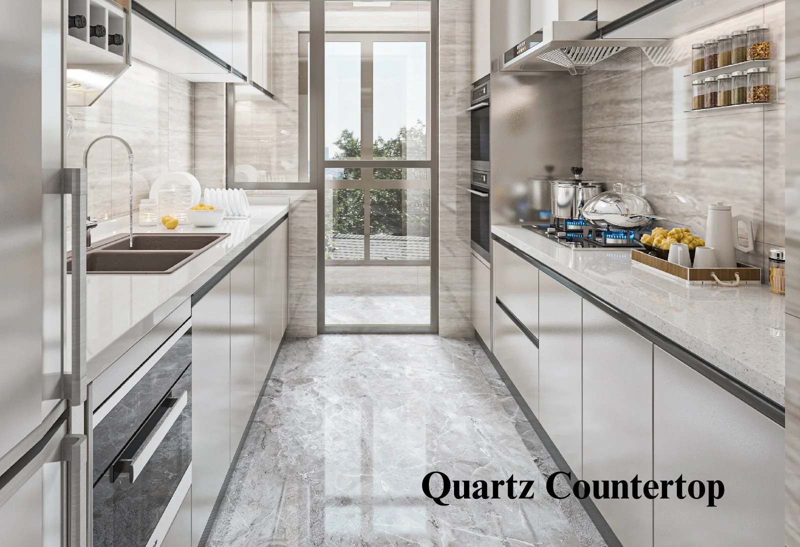 Quartz kitchen countertop colours and aggregate patterns shown on catalogue page 34