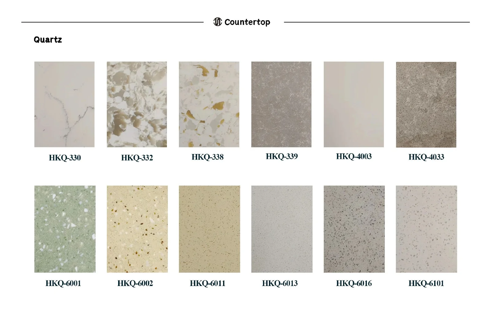 Quartz kitchen countertop colours and aggregate patterns shown on catalogue page 35