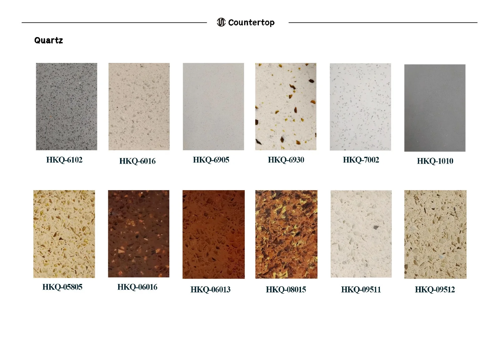 Quartz kitchen countertop colours and aggregate patterns shown on catalogue page 36