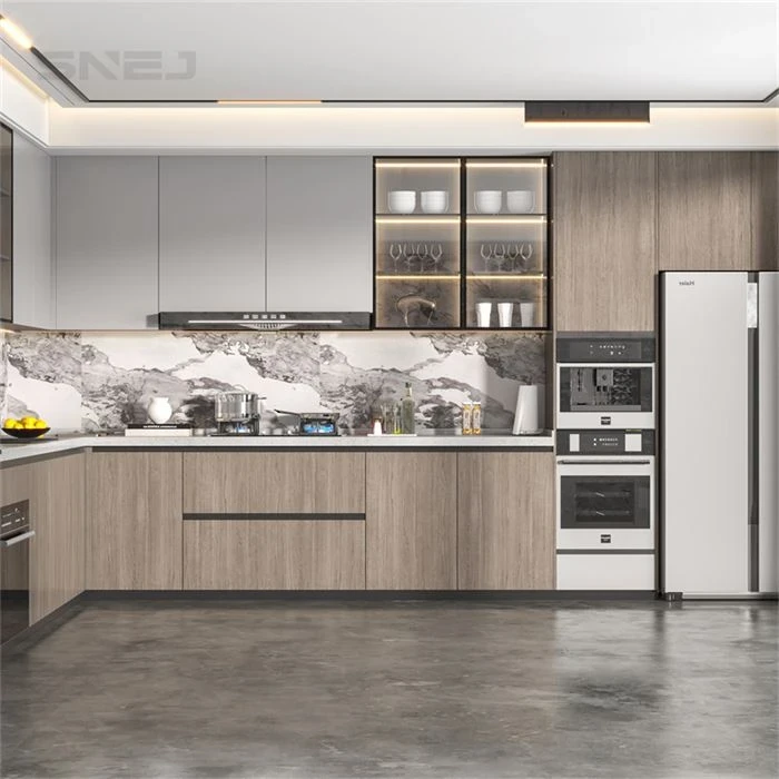 Wood-tone kitchen cabinets with glass-front upper storage - Kitchen Pantry Cabinet Modern by SNEJ