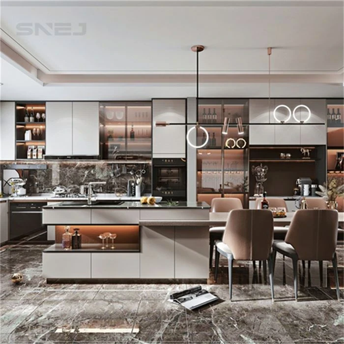 Kitchen island with open end storage beside a dining table - Custom Wet Bar Cabinets by SNEJ