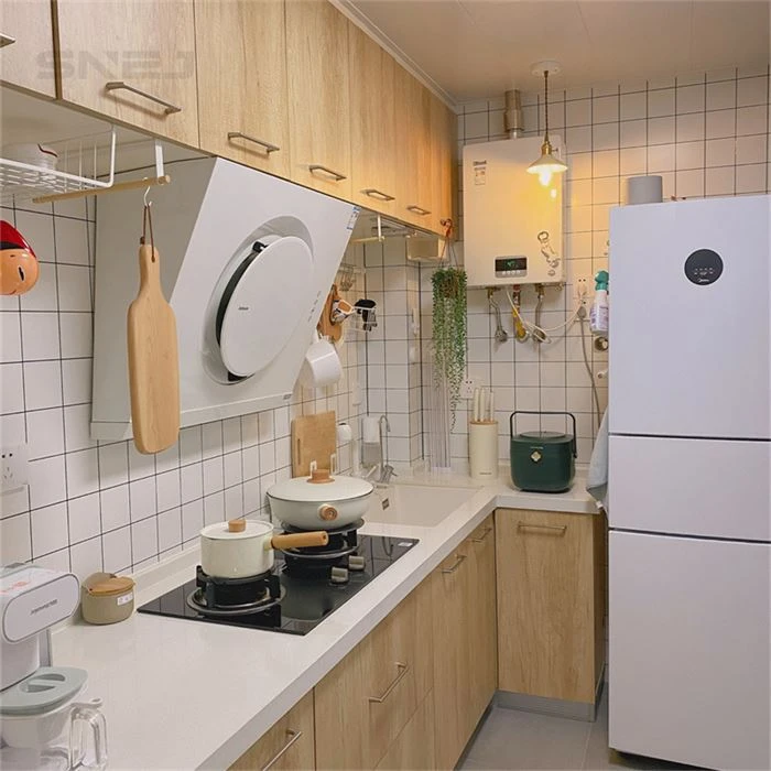 Compact wood-tone kitchen cabinets with hanging utensil storage - Modern Looking Cabinets by SNEJ