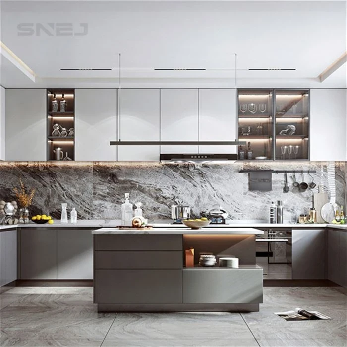 Kitchen island with open end shelves and pale wall cabinets - Modern Kitchen Cabinets Wholesale by SNEJ