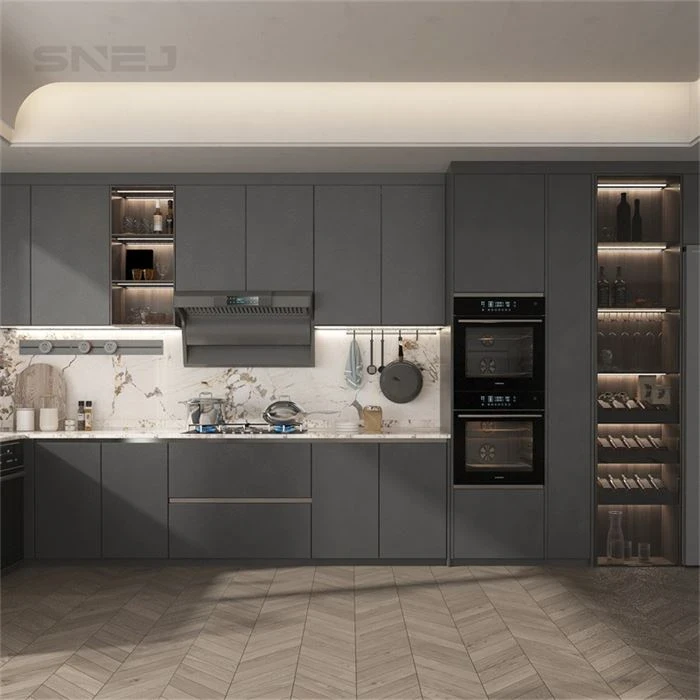 Dark grey kitchen cabinets with glass display storage and stacked ovens - Custom Black Cabinets by SNEJ