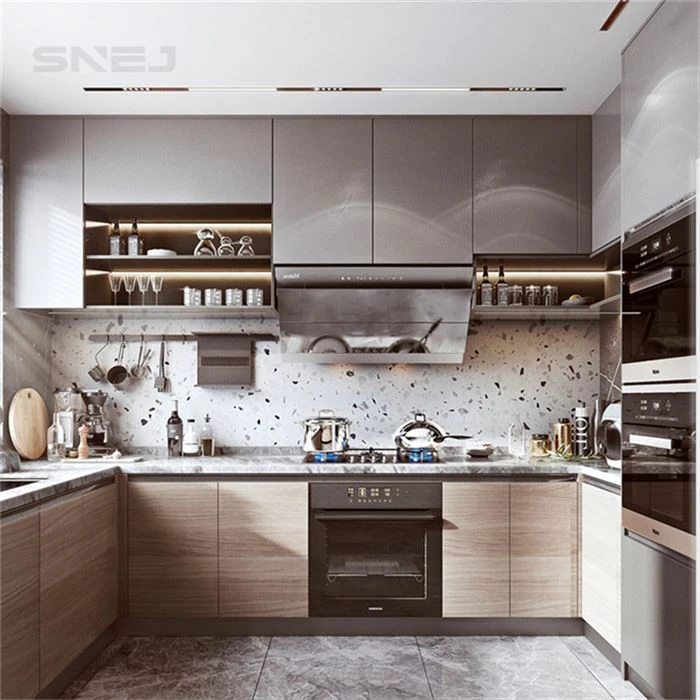 Two-tone flat-panel kitchen cabinets around a cooking area - Modern Flat Cabinets by SNEJ