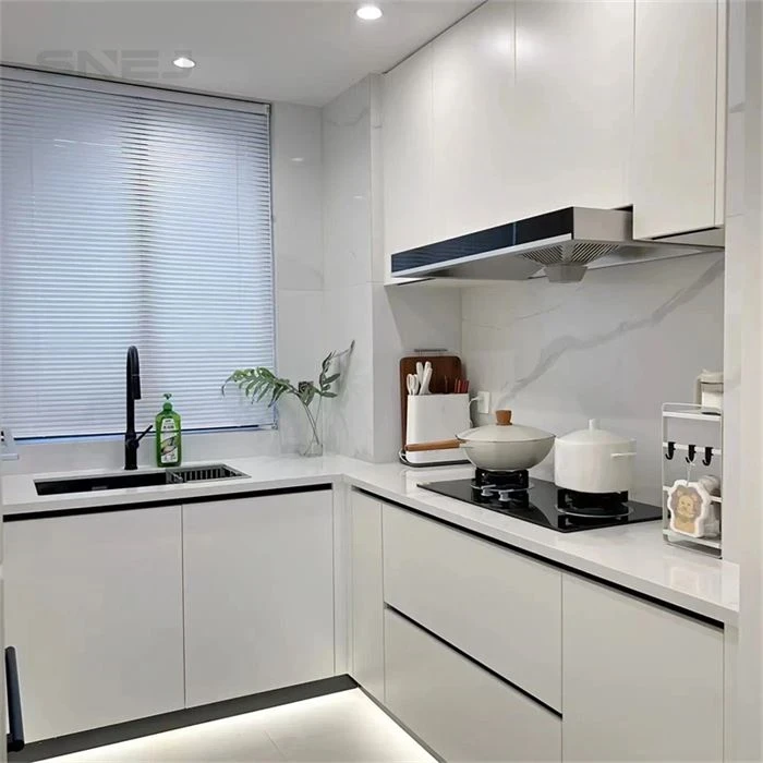 Kitchen cabinet layout showing wall cupboards, base storage and worktops - Soft Ivory White Kitchen Cabinets by SNEJ, image 3