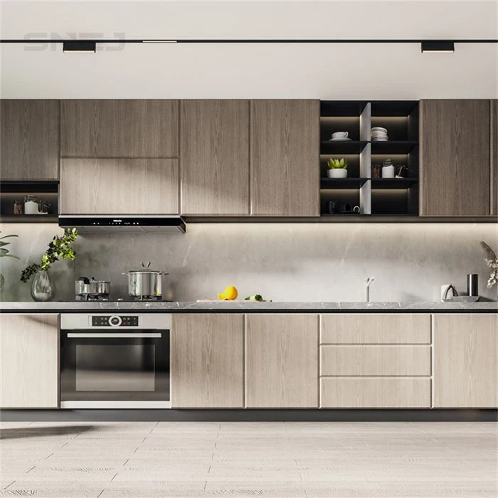 Wood-grain kitchen cabinets with an oven and open upper shelving - Custom Cabinet Solutions by SNEJ