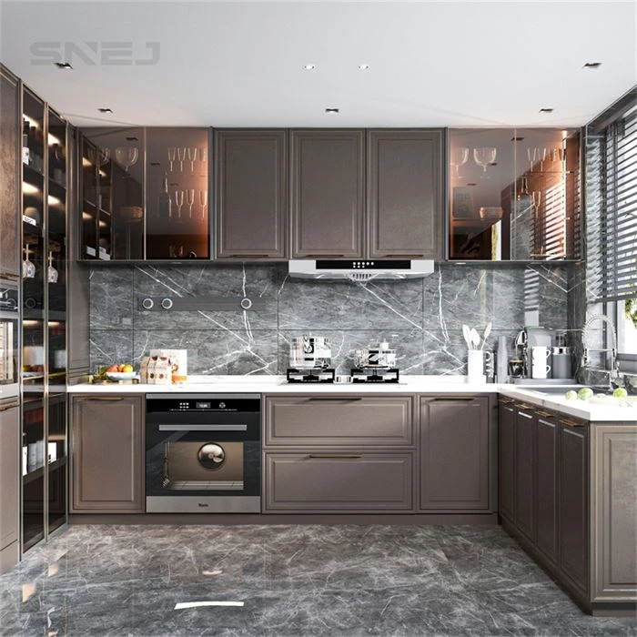 Dark framed kitchen cabinets with glass display units - Modern Country Kitchen Cabinets by SNEJ