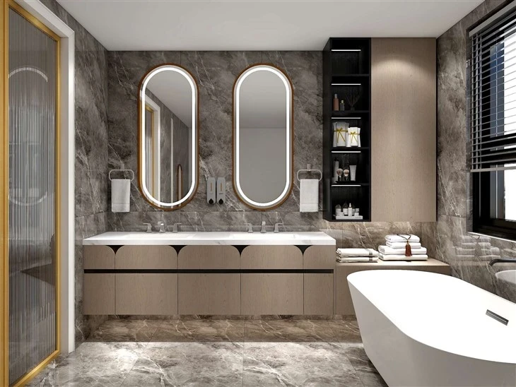 Floating bathroom vanity with twin mirrors and illuminated storage - Unique Bathroom vanity by SNEJ, image 2