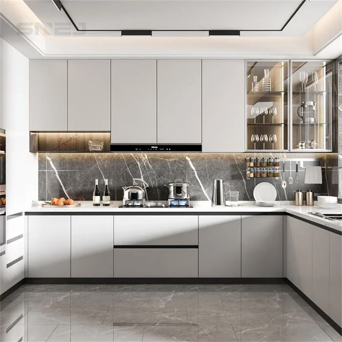 White kitchen cabinets with illuminated glass wall units - Custom White Kitchen Cabinets by SNEJ
