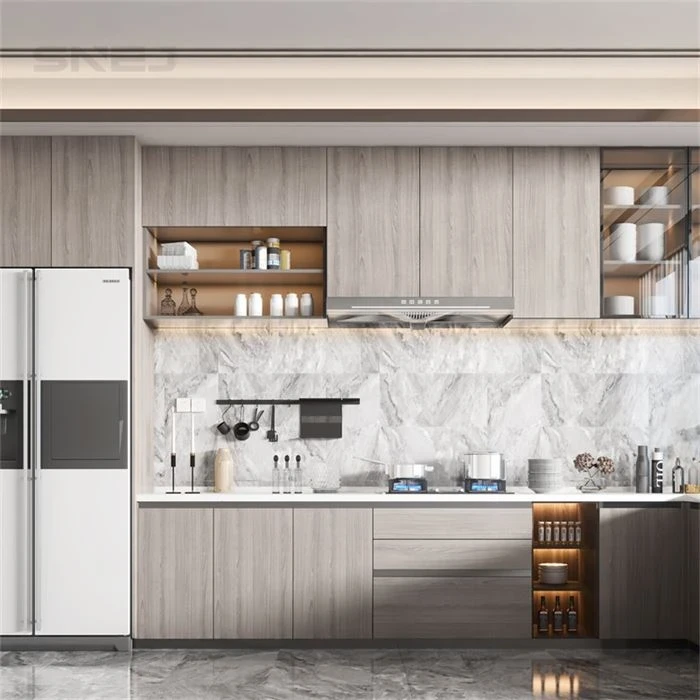 Wood-grain kitchen wall cabinets with open shelving - Modern Day Kitchen Cabinets by SNEJ