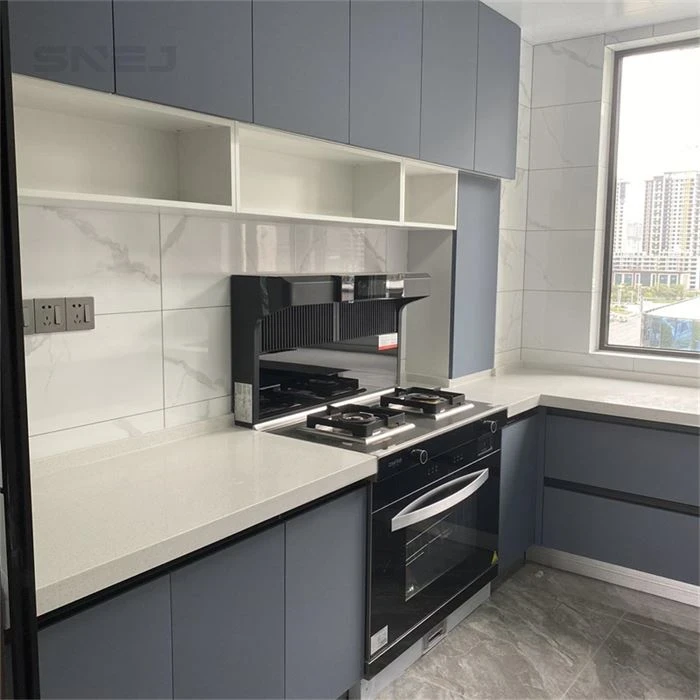 Grey L-shaped kitchen cabinets with open white wall shelves - Custom Kitchen Storage Cabinets by SNEJ